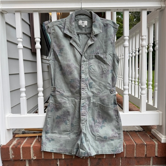 Lucky Brand Green Floral Coverall Romper Shorts Size Medium Shortalls - Picture 2 of 6